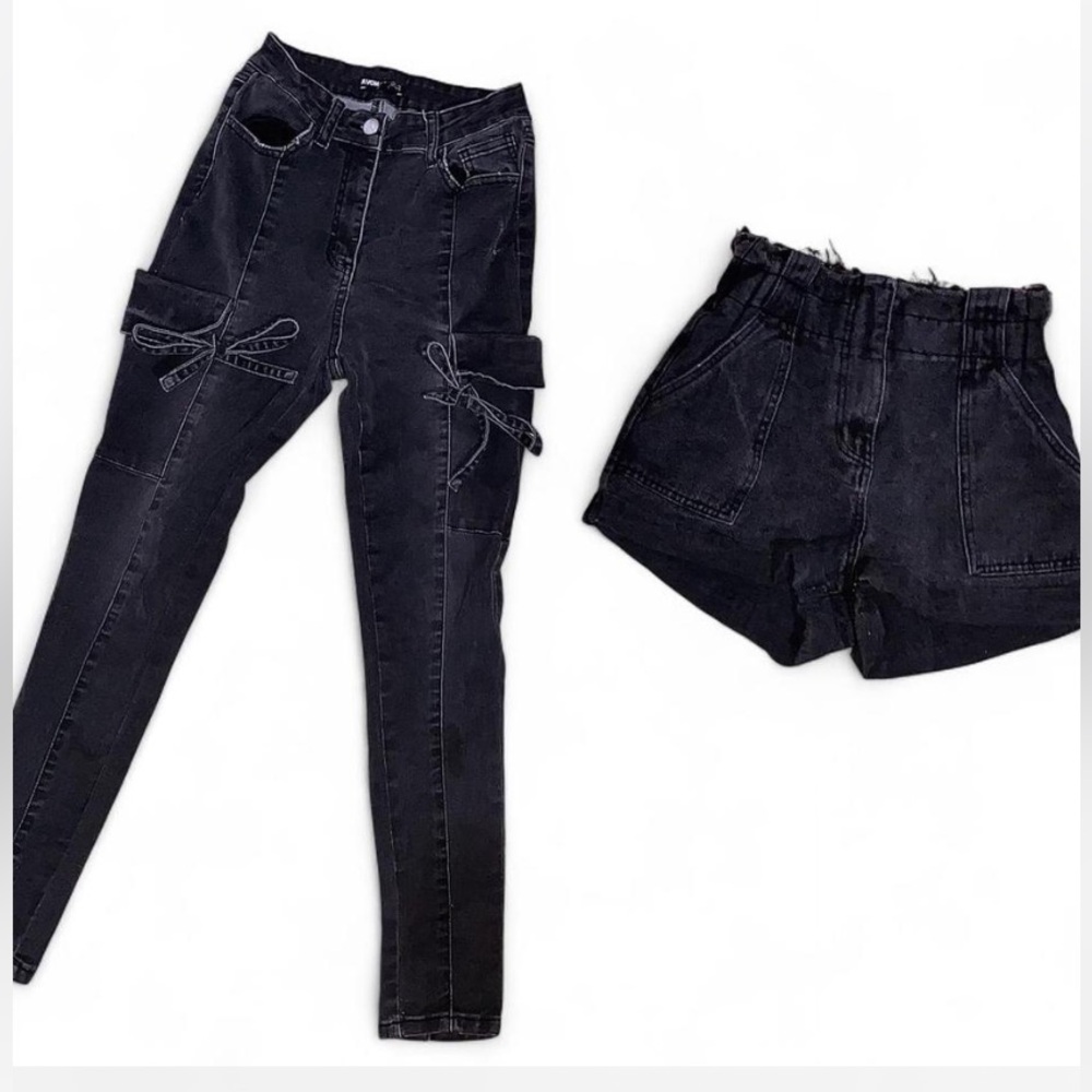 Black Grunge Jeans w pocket bows   + Grunge Shorts Duo 🖤
 Fits S/M